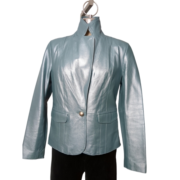 Worthington genuine leather silver blue size medium women's jacket Size M - Picture 12 of 13